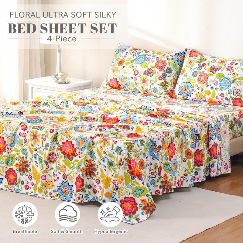 Bedlifes King Sheet Set Ultra Soft, Breathable, Silky Flower Deep Pocket 100% Microfiber Bedding, 4 Piece King Size with Floral Spring Design - Image 2